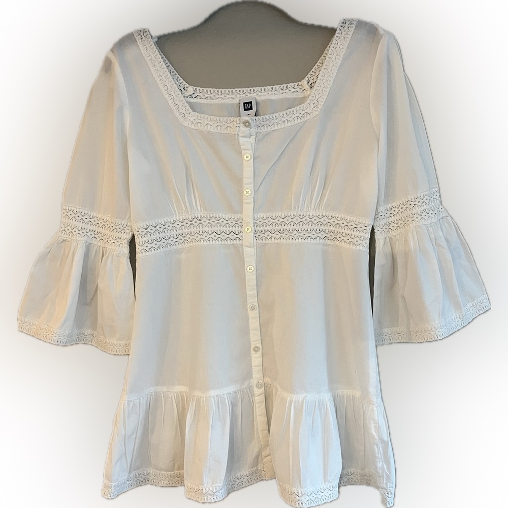 Gap White Prairie Shirt Buttons Lace 100% Cotton Ruffles 3/4 Sleeve